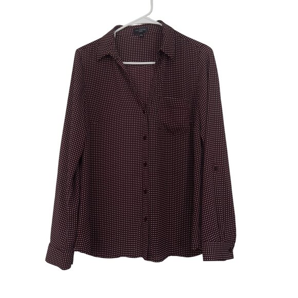 The Limited Ashton Women SZ M Maroon & White Polka Dot Button-Up Shirt Blouse - Picture 2 of 12